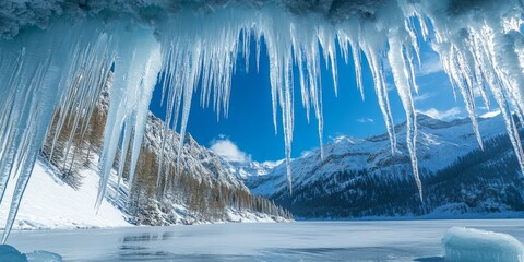 Aufkleber - Huge icicles create a stunning display, showcasing the beauty of large icicles formed by nature. Explore the remarkable features of these massive icicles in a captivating setting.