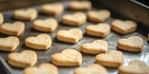 Poster - Uncooked heart shaped biscuits arranged on a baking tray, showcasing the delightful shapes and textures of these uncooked biscuits in a closeup view for a charming baking scene.