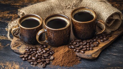 Poster - Hot black coffee in mugs accompanied by whole coffee beans and ground coffee creates a captivating still life. This arrangement of hot black coffee, coffee beans, and ground coffee is visually