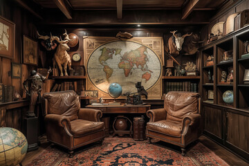 Wall Mural - Interior design colonial-style study brimming with adventure, maps and charts pinned on corkboards, animal trophies adorning the walls, weathered leather armchairs flanking a globe