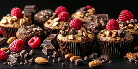 Aufkleber - Delicious muffins featuring nuts, raspberries, and chocolate pieces arranged on a black background, creating a visually appealing display of tasty muffins that are sure to delight.
