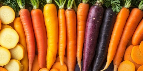 Poster - Colorful cut carrots in shades of orange, dark, and yellow. The image captures vibrant pieces of different carrots set against a background of fresh vegetables, showcasing the beauty of carrots.