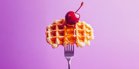 Poster - Belgian waffle drizzled with honey and topped with a sweet cherry, elegantly displayed on a fork against a vibrant violet background, creating a delightful visual treat featuring Belgian waffle.