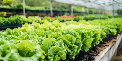 Organic vegetable farming involves cultivating a vegetable garden with green cos lettuce. This vegetable gardening showcases fresh vegetable lettuce in an eco friendly greenhouse for sustainable