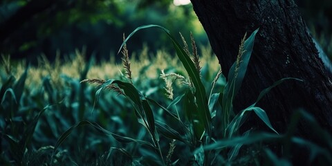 Poster - Close up of corn set against a dark tree background, featuring corn in sharp detail, ideal for showcasing the beauty of corn with ample copyspace for text or overlays.