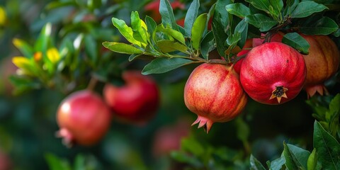 Poster - Front view of a pomegranate tree showcasing ripe fruit, ideal for harvest. The pomegranate tree displays its abundant, ready to pick pomegranates, emphasizing the luscious fruit.