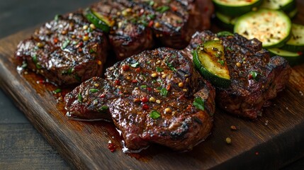 Aufkleber - Close up of traditional barbecue dry aged wagyu rib eye beef steaks garnished with paprika and zucchini, beautifully arranged on an old rustic wooden board for a taste of culinary excellence.