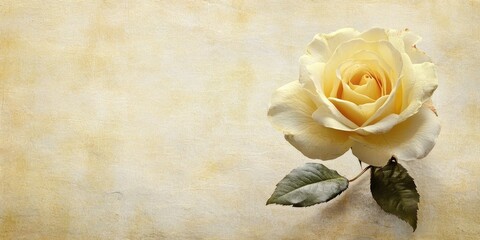 Poster - Textured old paper background featuring a delicate pale yellow rose, creating an elegant and nostalgic atmosphere, perfect for various artistic projects highlighting textured elements.