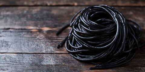 Aufkleber - Tantalizing black spaghetti pasta displayed on a dark rustic wooden surface, showcasing the unique appearance and texture of black spaghetti for food enthusiasts and culinary creativity.