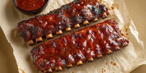 Aufkleber - Delicious barbecue pork spare loin ribs, styled in St. Louis cut, featuring a flavorful hot honey chili marinade presented in an appealing top view on butcher paper, ideal for food lovers.