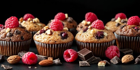Aufkleber - Delicious muffins featuring nuts, raspberries, and chocolate pieces arranged on a black background, creating a visually appealing display of tasty muffins that are sure to delight.