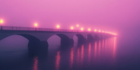 Poster - A bridge adorned with yellow lights shrouded in thick fog, while the pink sky casts a soft reflection on the water, creating an ethereal scene around the bridge.