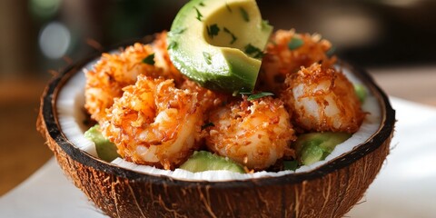 Poster - Coconut shrimp served inside a fresh coconut paired with delicious avocado, creating a unique and flavorful dish featuring coconut shrimp and creamy avocado for a delightful culinary experience.