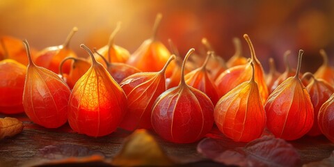 Poster - Physalis alkekengi fruits, Discover the unique characteristics and vibrant appearance of Physalis alkekengi fruits, showcasing their rich color and distinct shape in nature.