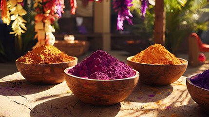 Wall Mural - Vibrant Powders in Wooden Bowls at Indian Holi Festival. Concept of Colorful Celebrations, Cultural Traditions, Festive Decor