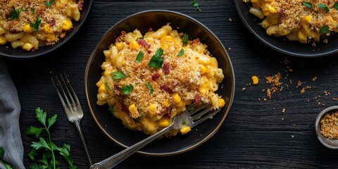 Aufkleber - Delicious mac and cheese with corn, bacon, and crispy panko breadcrumbs served on plates alongside a fork, beautifully arranged on a dark wooden table for an appealing vertical close up view.