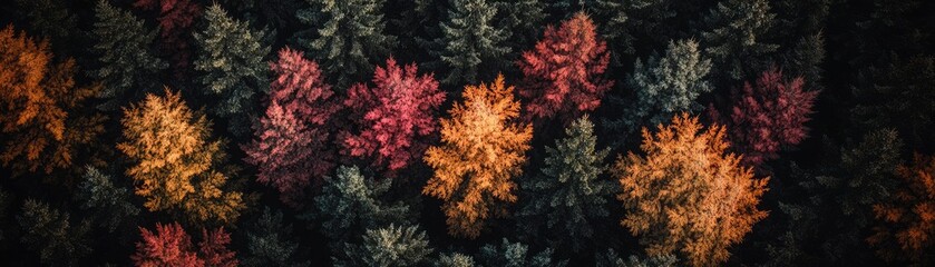 Aerial autumn forest, colorful leaves, overhead view, nature background, website banner