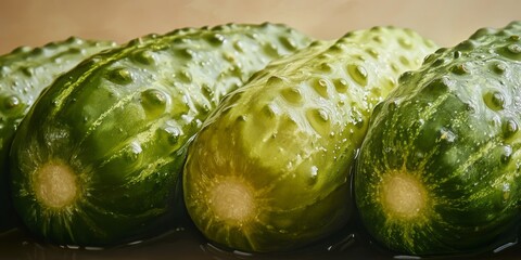 Poster - Closeup of pickled cucumbers displayed against a light background, showcasing the vibrant color and texture of these delicious pickled cucumbers in detail for an appetizing visual effect.