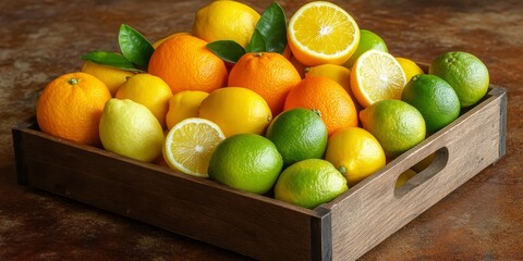 Poster - Fresh citrus fruits arranged beautifully in a wooden box, showcasing a vibrant display of juicy oranges, lemons, and limes. The wooden box complements the fresh citrus fruits perfectly.