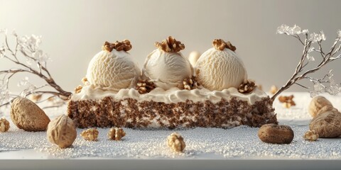 Aufkleber - 3D representation of scoops of walnut ice cream placed atop an elegantly adorned cake, highlighting the desserts delightful appearance and appealing features.