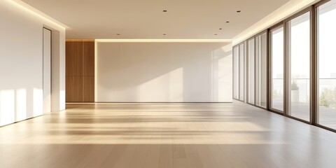 Poster - Spacious interior featuring an empty living room in a modern apartment, showcasing sleek design and bright ambiance, ideal for showcasing interior styles within contemporary living spaces.