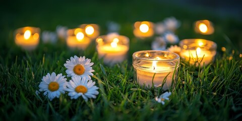 Aufkleber - Daisies adorn the vibrant green grass, creating a beautiful scene with candles, where the enchanting daisies and soft glow of candles enhance the natural beauty of the grass.