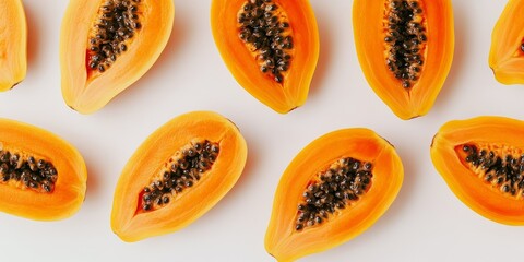 Poster - Top view of papaya fruit on a clean white background, showcasing the vibrant color and texture of the papaya fruit, perfect for illustrating fresh and healthy recipes featuring papaya fruit.