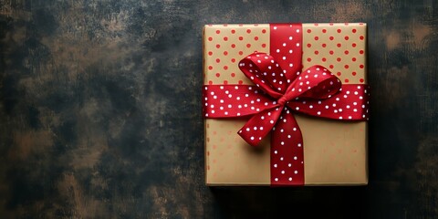 Poster - Brown square patterned gift box tied with a red ribbon featuring white dots, creating a festive top view background that emphasizes the charm of wrapped gifts and celebration.
