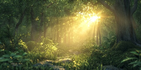 Aufkleber - Serene sunrise in a lush forest, showcasing the beauty of nature as sunlight filters through trees, creating a picturesque scene of tranquility and morning light in a forest setting.