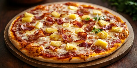 Poster - Delicious pizza featuring cheese, bacon slices, pineapple, and tomato sauce presented on a wooden stand against a rich brown wooden background, showcasing the enticing qualities of pizza.
