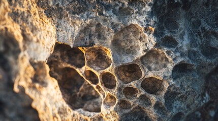 Aufkleber - Macro texture showcasing the intricate details of ancient stone illuminated by natural light, highlighting the unique patterns and formations that define the beauty of ancient stone.