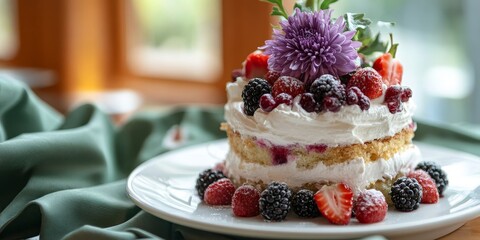 Poster - Homemade fruit cake and purple chrysanthemum arranged beautifully on a white plate, placed on green cloth in a cozy cafe setting. The homemade fruit cake features whipped cream, blackberries, and