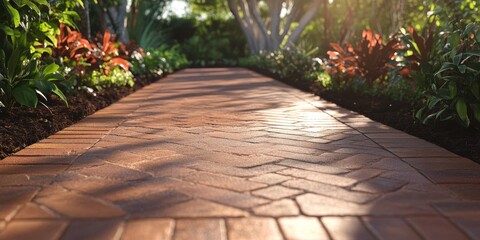 Fototapete - The walkway features a charming design, paved with brown bricks, creating an inviting path. This brown bricks walkway enhances the aesthetic and provides a unique texture for any space.