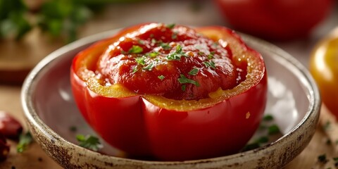 Poster - Close up of a cut red pepper filled with ketchup, showcasing the vibrant colors and textures of the red pepper and ketchup on a plate, presenting a delightful culinary visual.