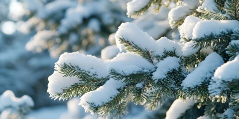 Poster - A detailed view of evergreen branches covered in snow during the winter season, showcasing the beauty of natures frosty touch on the evergreens in wintertime.