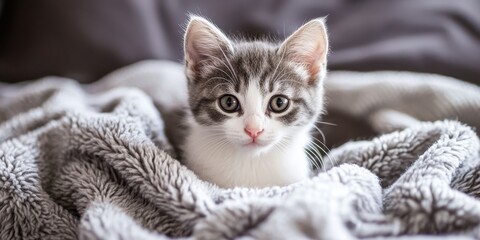 Adorable little kitten resting on a soft bed. This cute grey and white kitty showcases curiosity while relaxing on a cozy blanket, perfect for promoting an adoption concept.