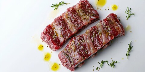 Aufkleber - Raw beef ribs drizzled with truffle oil are presented against a plain white backdrop, highlighting the unique combination of flavors and freshness in the dish.