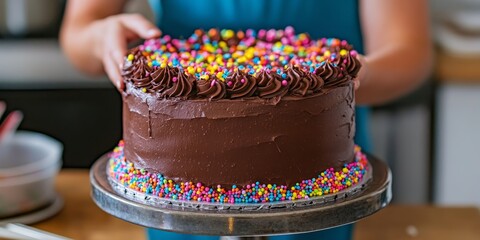 Poster - Decorating a chocolate cake with colorful sprinkles on the sides while adding a rich layer of dulce de leche for a delightful finish. The chocolate cake becomes more enticing with these elements.