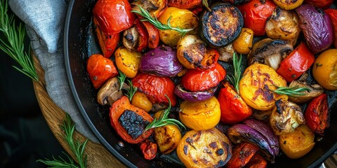 Poster - Roasted vegetables sizzling in a frying pan, showcasing a vibrant mix of flavors and textures. This frying pan features an array of roasted vegetables, perfect for any culinary creation.