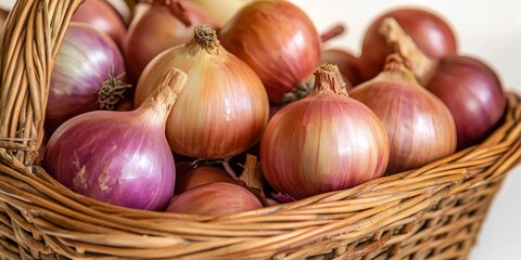 Poster - closeup of a wicker basket filled with fresh raw onions, showcasing the vibrant textures and colors 