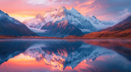 Poster - The first light of dawn illuminating snow-capped mountains reflected in a tranquil lake. The sky is painted with hues of pink and orange.