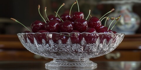 Poster - Fresh cherries nestled in a crystal glass bowl create a vibrant display, showcasing the delightful contrast of the crystal glass bowl and the juicy cherries inside.