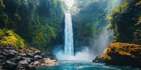 Poster - Selective focus on a giant waterfall, showcasing its natural beauty and grandeur. This giant waterfall is a stunning example of nature s power and tranquility, captivating all who admire it.