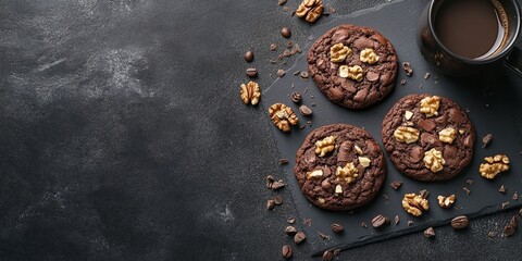 Poster - Delicious dessert chocolate cookies paired with walnuts and coffee, beautifully arranged on a dark gray background. These dessert chocolate cookies are perfect for any sweet indulgence.