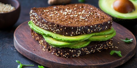 Poster - Nutritious sandwich ideal for breakfast or lunch, featuring black bread, sliced avocado, and sesame seeds. A delicious vegetarian food option that is both healthy and satisfying.