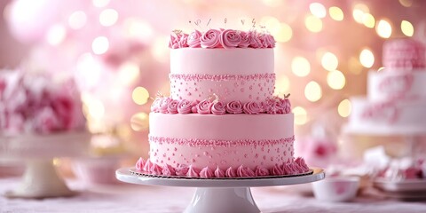 Poster - Three tier birthday cake featuring a delightful pink theme, this pink birthday cake stands out with its grand design, perfect for celebrating special occasions with a lovely pink cake ambiance.