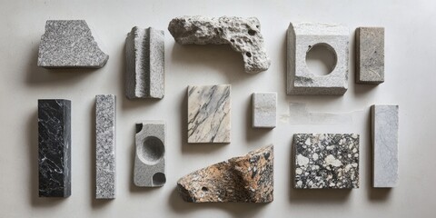 Poster - An overhead perspective showcases a collection of dismantled avant garde granite implements set against a light backdrop. This forms an intriguing abstract arrangement.