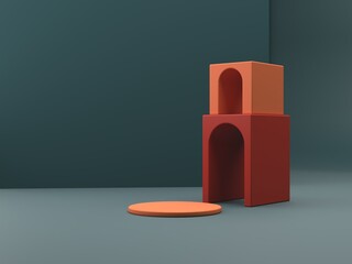 Aufkleber - Scene with geometrical forms for cosmetic product presentation. Empty mock up. Minimal scene with podium and abstract background. Geometric shapes. Green and coral colors scene. Minimal 3d rendering.