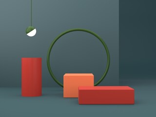 Aufkleber - Scene with geometrical forms for cosmetic product presentation. Empty mock up. Minimal scene with podium and abstract background. Geometric shapes. Green and coral colors scene. Minimal 3d rendering.