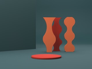 Aufkleber - Scene with geometrical forms for cosmetic product presentation. Empty mock up. Minimal scene with podium and abstract background. Geometric shapes. Green and coral colors scene. Minimal 3d rendering.